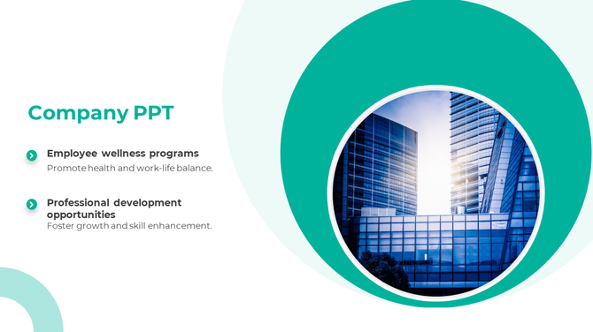 Company presentation slide with a focus on employee wellness and growth opportunities, set against a cityscape background.