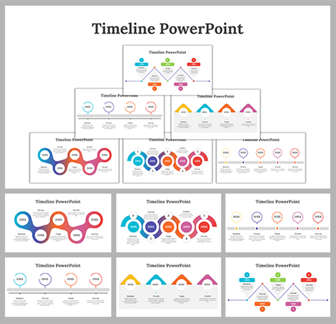 Multiple timeline PowerPoint slides featuring different styles, including circular, linear, and hierarchical layouts.