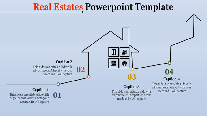 Real estate slide with a house outline, featuring timeline path, with four numbered captions, and upward trend arrow.