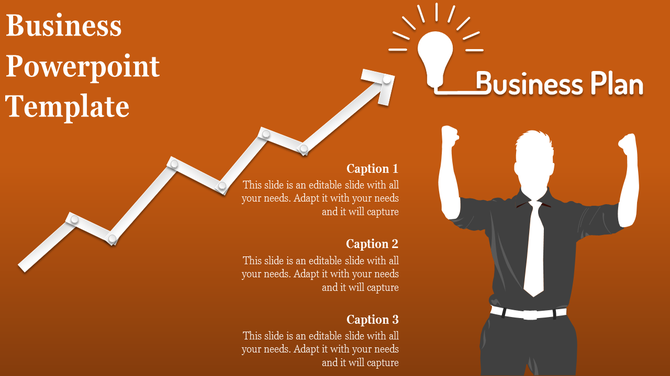 Business template with an white zigzag arrow, three captions, a silhouette of a person raising arms in a orange background.