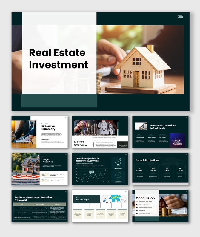 Real Estate Investment slides with house model, coin stacks, charts, financial graphs, text boxes and dark green layout.