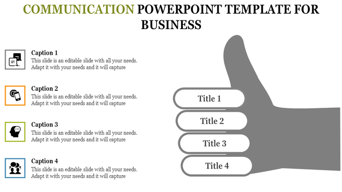 Business communication slide featuring a thumbs-up diagram with four titles and icons for messaging, contact, speech, and teamwork.