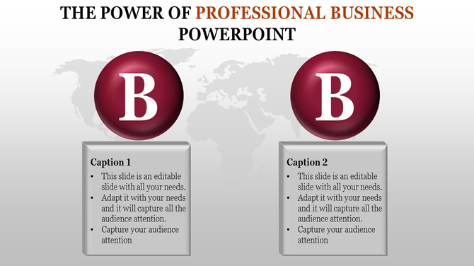 Two glossy red spheres with white B letters above gray rectangular text boxes on a blurred world map background.