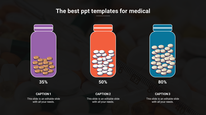 Medical slide with three colorful pill bottles each partially filled with pills, labeled with percentages.