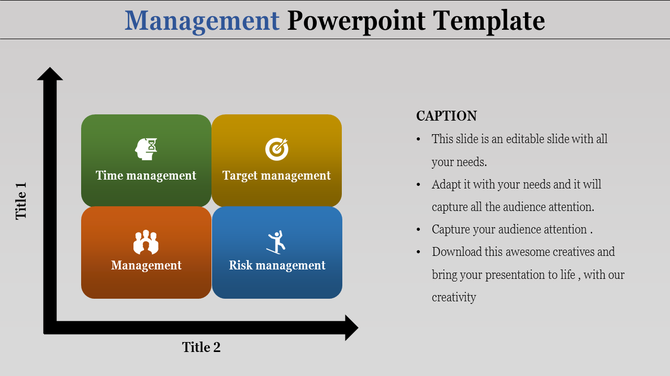 Management themed slide with green, yellow, blue, and orange blocks labeled time, target, risk, and general management.