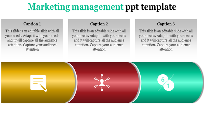 Marketing management PowerPoint template with colorful icons and captions.