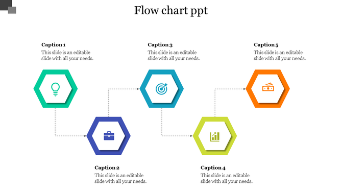 Colorful flowchart of five hexagons in green, blue, teal, lime, and orange each with an icon, connected by dotted lines.