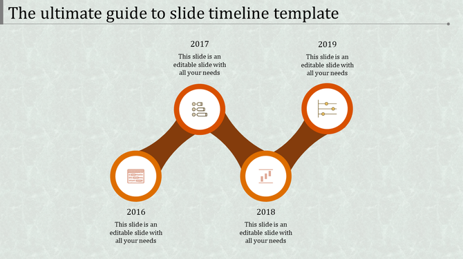Four orange circular icons aligned in a curving path, representing years 2016 to 2019 on a light textured background.