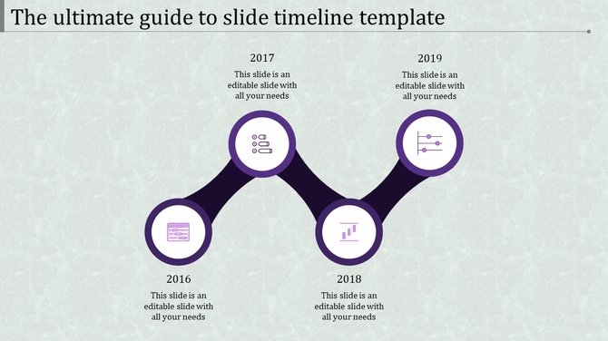 Purple timeline infographic with circular icons and year markers from 2016 to 2019 connected by a curved path.