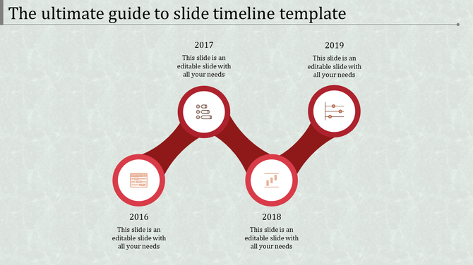 Four red connected circular nodes forming a wavy timeline with icons and text on a textured gray background.
