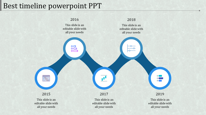 PowerPoint timeline with four years 2015, 2016, 2017, and 2018, each with icons representing different stages.