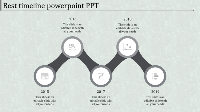 Monochrome timeline with circular milestones for years 2015 to 2019, linked by curving connectors.