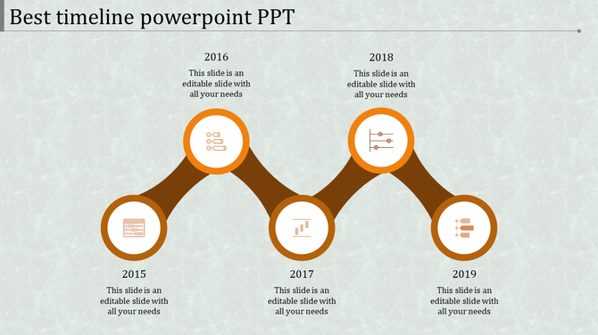 PowerPoint timeline slide with years 2015 to 2019, each year marked with icons representing different milestones.