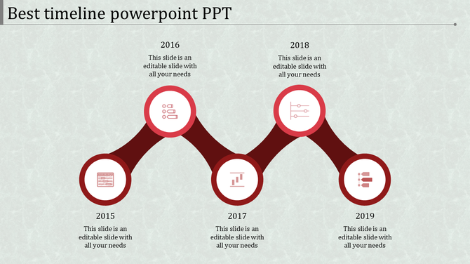 Minimalistic red timeline showing milestones from 2015 to 2019, connected by curvy lines and circular nodes.