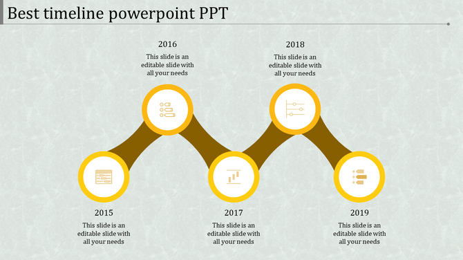PowerPoint timeline slide with years 2015 to 2019, each year marked with icons representing different yellow milestones.