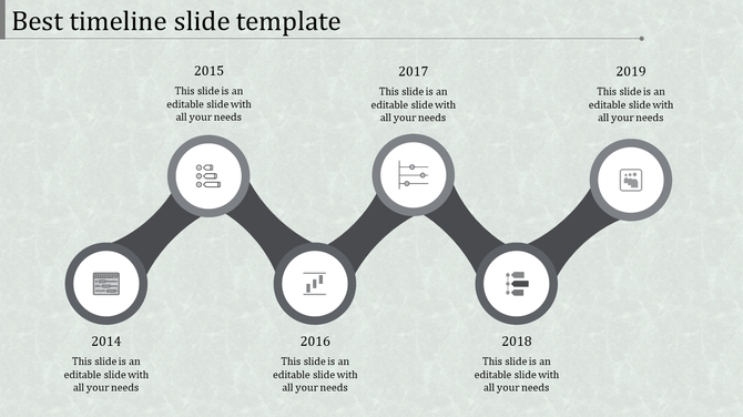 Timeline PowerPoint template with milestones from 2014 to 2019, featuring icons for each year.