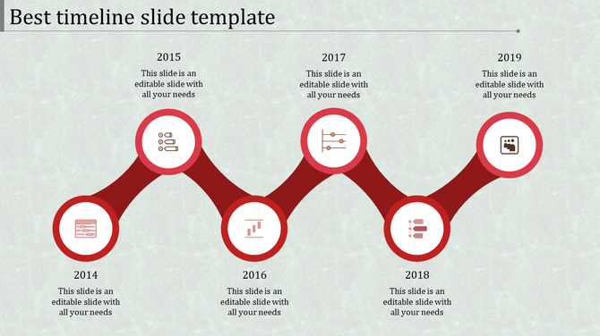 Timeline slide with six connected red circular nodes and icons, showing yearly progress over a light textured background.