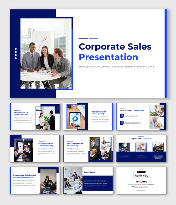 Corporate sales PPT featuring a meeting scene with a team discussing strategies, complemented by informative slides.