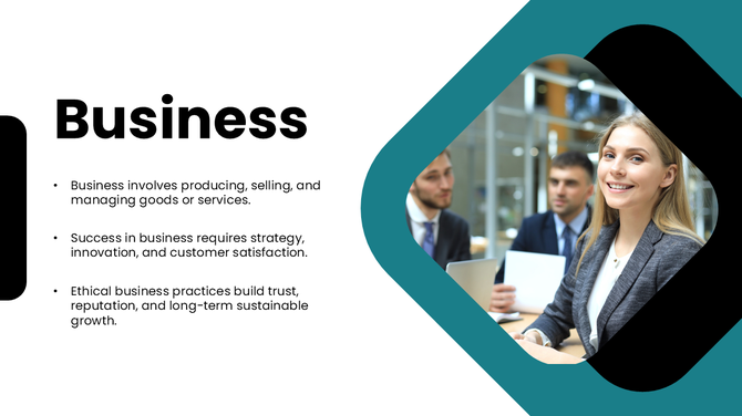Business professionals collaborate in a modern office with a city view, featuring a title overlay on a business design slide.