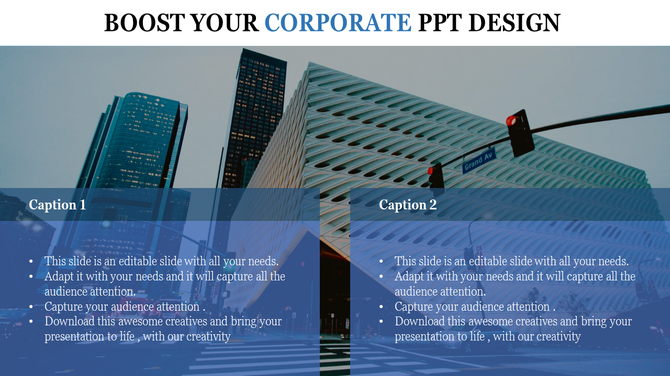 Corporate PowerPoint design template with a city skyline and text options with two caption boxes.