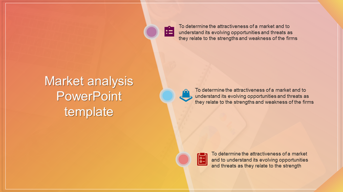 Market analysis template with a gradient orange background, a vertical path of three circular icons, and text sections.