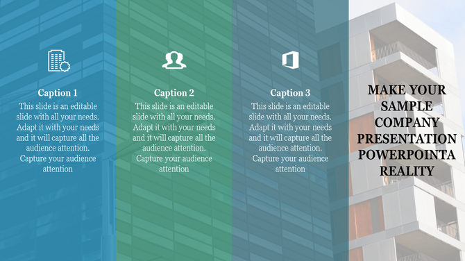 PowerPoint slide for a company presentation with sections and professional icons.