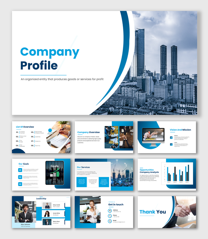 Modern company profile template with blue theme, structured slides, image placeholders, and icons for a professional look.