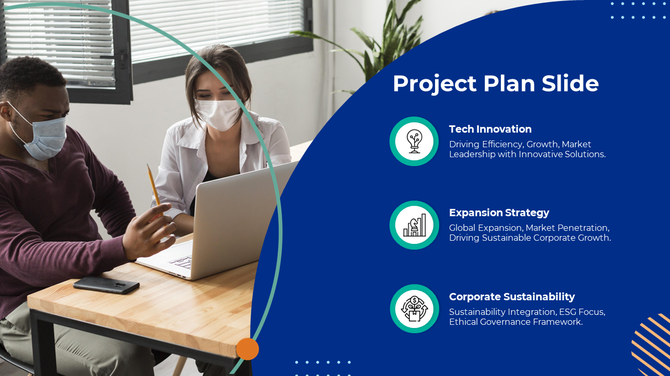 Project plan slide shows three key strategic areas tech innovation, expansion strategy, and corporate sustainability.