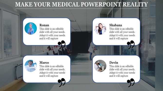 Medical themed PowerPoint slide with four characters Roman, Shabana, Marco, and Devin with placeholder text.