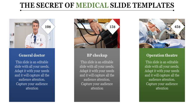 Medical slide with images of a general doctor, BP checkup, and an operation theatre with price labels and placeholder text.