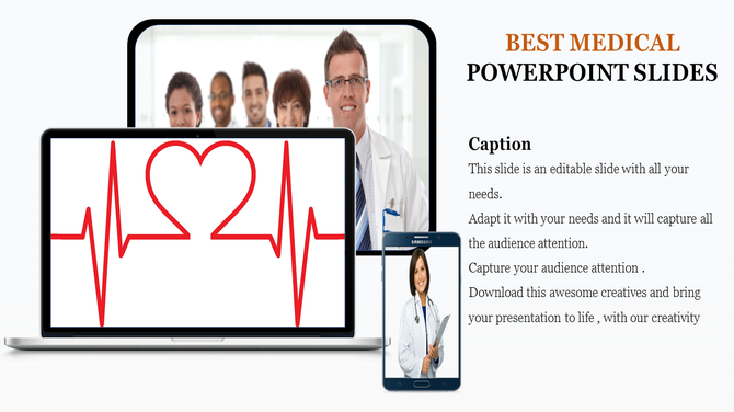 Medical PowerPoint slide with images of a heartbeat symbol on a laptop and a doctor on a mobile phone with a caption.