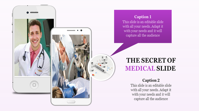Medical themed slide with photos of a doctor and a surgery scene displayed on smartphone screens, and captions in purple.