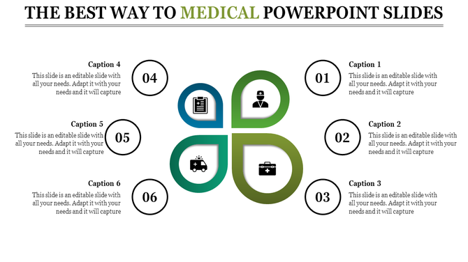 Infographic template with a central medical-themed diagram and six caption areas numbered 01 to 06 in circular outlines.