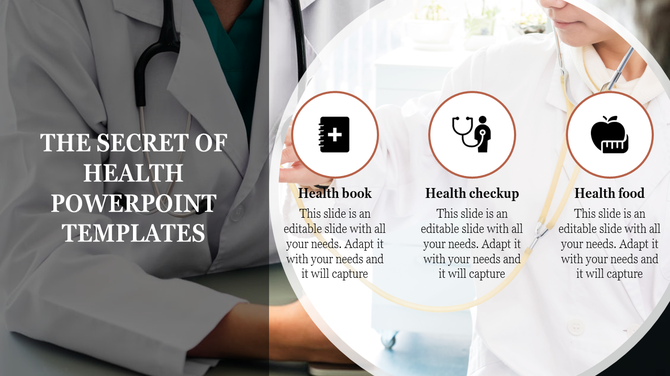 Health template showcasing three medical icons on a white circular frame, overlaid on a doctor consultation backdrop.