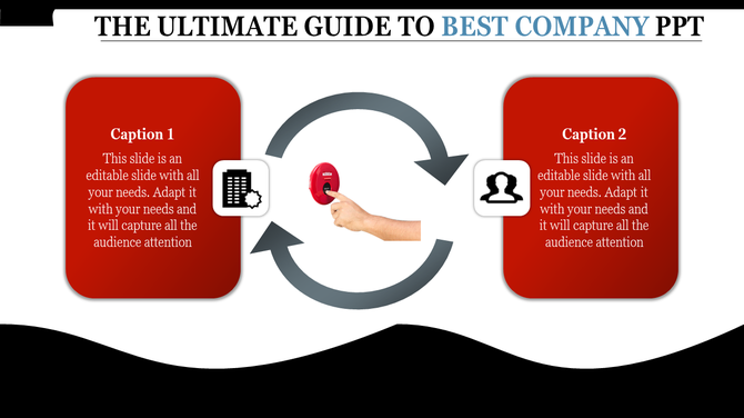 Company PPT slide with two red caption boxes and icons, illustrating the concept with placeholder text.