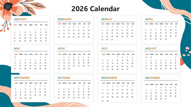PowerPoint Calendar Template showing 2026 monthly grid, teal headers, red Sundays, floral design.
