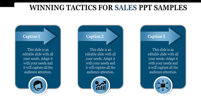 A slide showcasing winning tactics for sales with three sections, each featuring an icon and a caption.