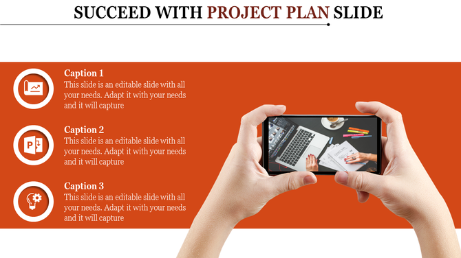 Orange layout with three circular icons and captions, and hands holding a smartphone showing a desk setup on the right.