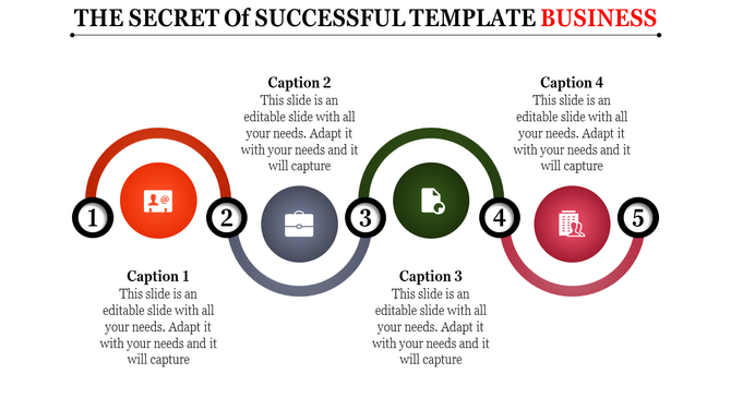 Slide with five numbered steps, featuring colorful arcs, and icons in red, green, gray, and pink on a white background.