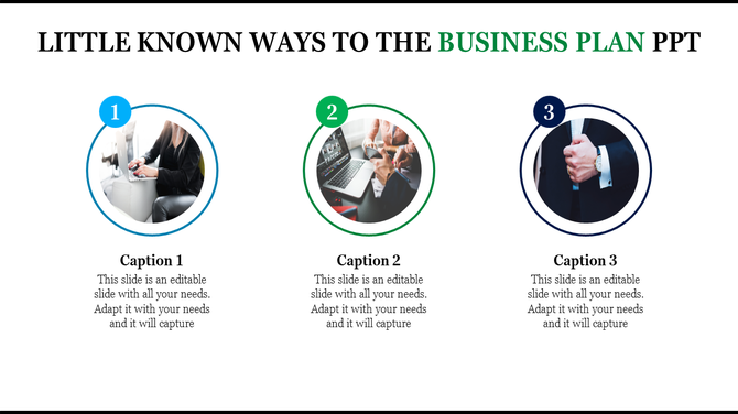 Three step business plan template with circular images, depicting typing, a laptop meeting, and a suited professional.