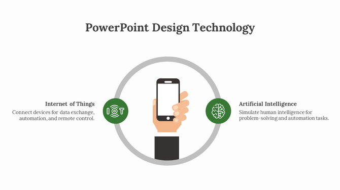 PowerPoint design technology slide with a smartphone in hand, featuring Internet of Things and Artificial Intelligence icons.