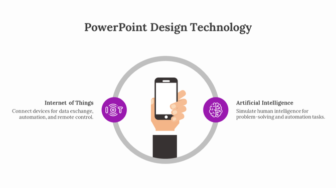 Technology infographic with a hand holding a smartphone in the center, surrounded by a circular frame, with caption areas.