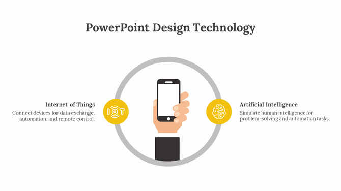 Illustration of a hand holding a phone in a gray circular frame with two yellow icons representing technology concepts.
