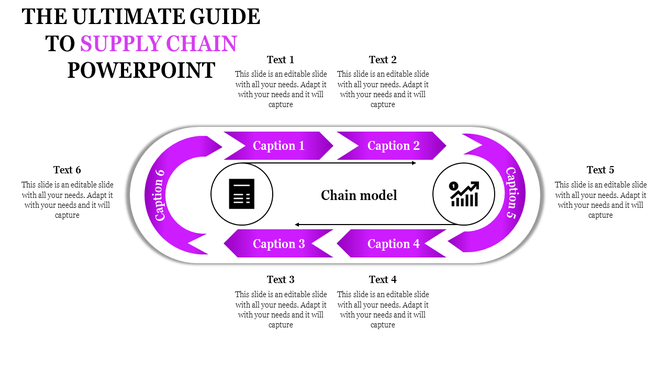 Purple themed supply chain layout with six directional arrows, two central icons, and captions for each stage.