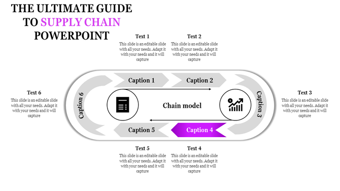 Supply chain template with a circular flow design, six captions around it, and two central icons a document and a bar graph.