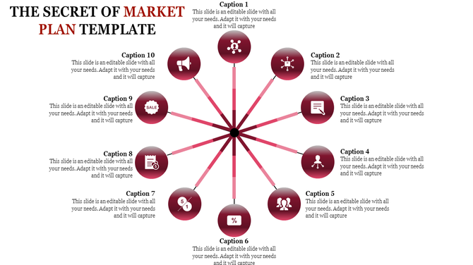 Market plan template featuring a circular hub-and-spoke diagram with ten red icons and captions for each step.