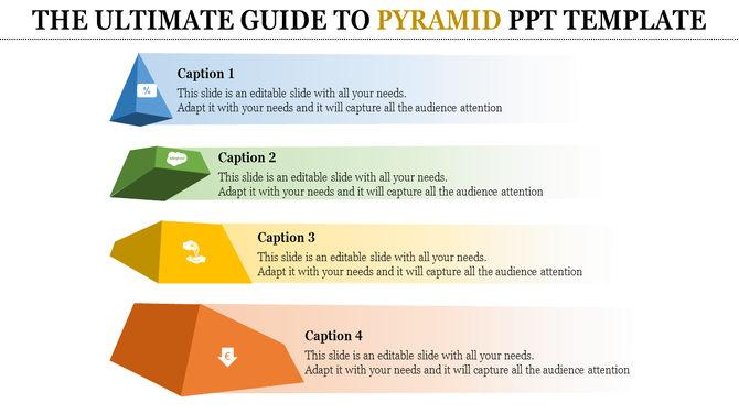 A multi colored pyramid diagram in PowerPoint with four stages, each accompanied by captions to illustrate key points.
