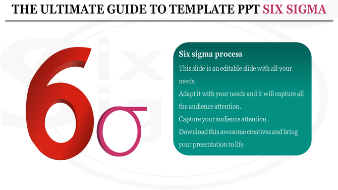 Six Sigma PowerPoint template featuring the number 6 in red with a sigma symbol and a description.