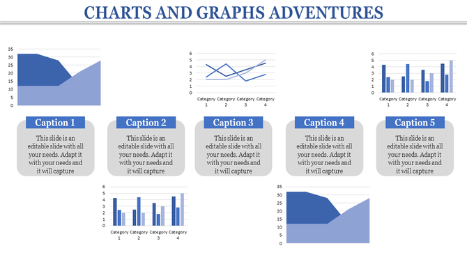Visual layout of various charts, including area and bar graphs, arranged in a grid format with caption areas.