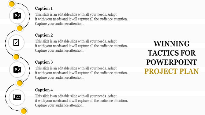Vertical design with circular yellow markers connected by dotted lines, featuring four icons and captions.